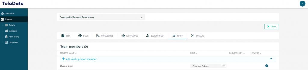 Managing team members on TolaData