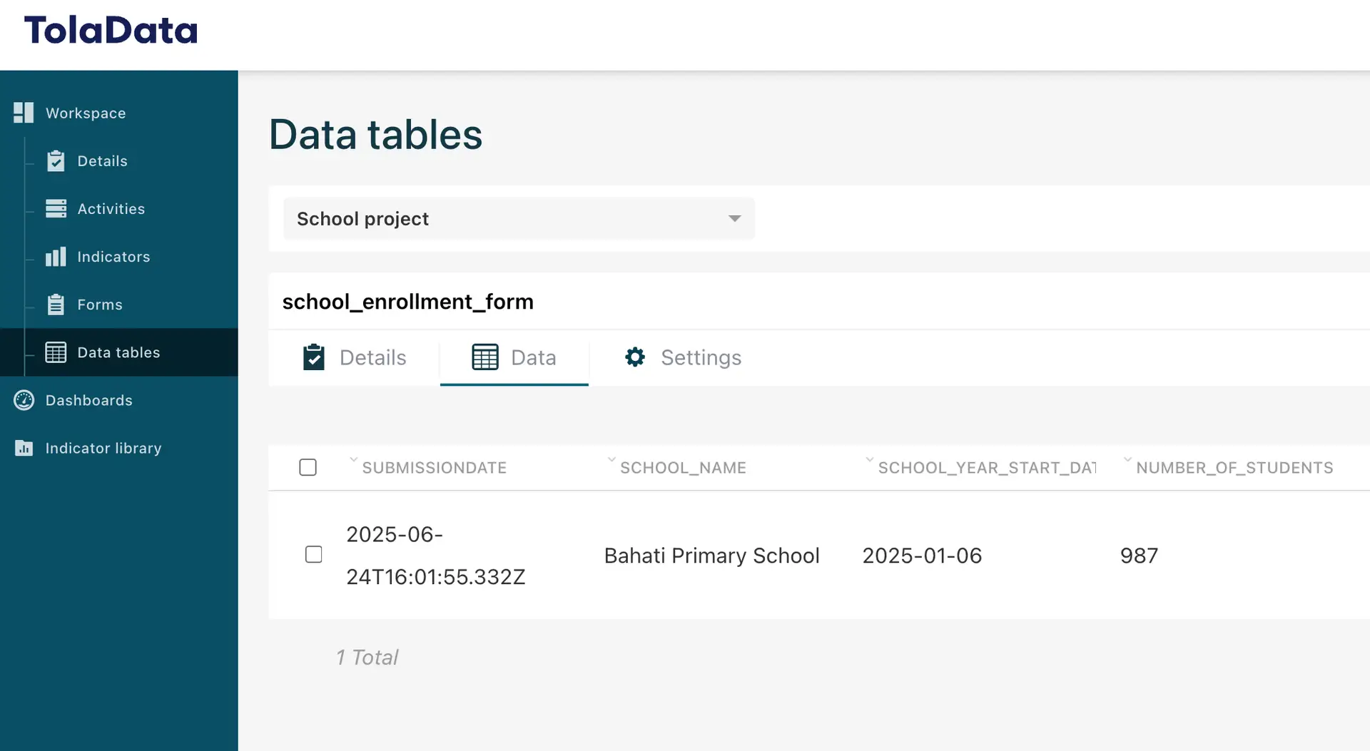 03.X – example of Tola Data table after first sync - TolaData