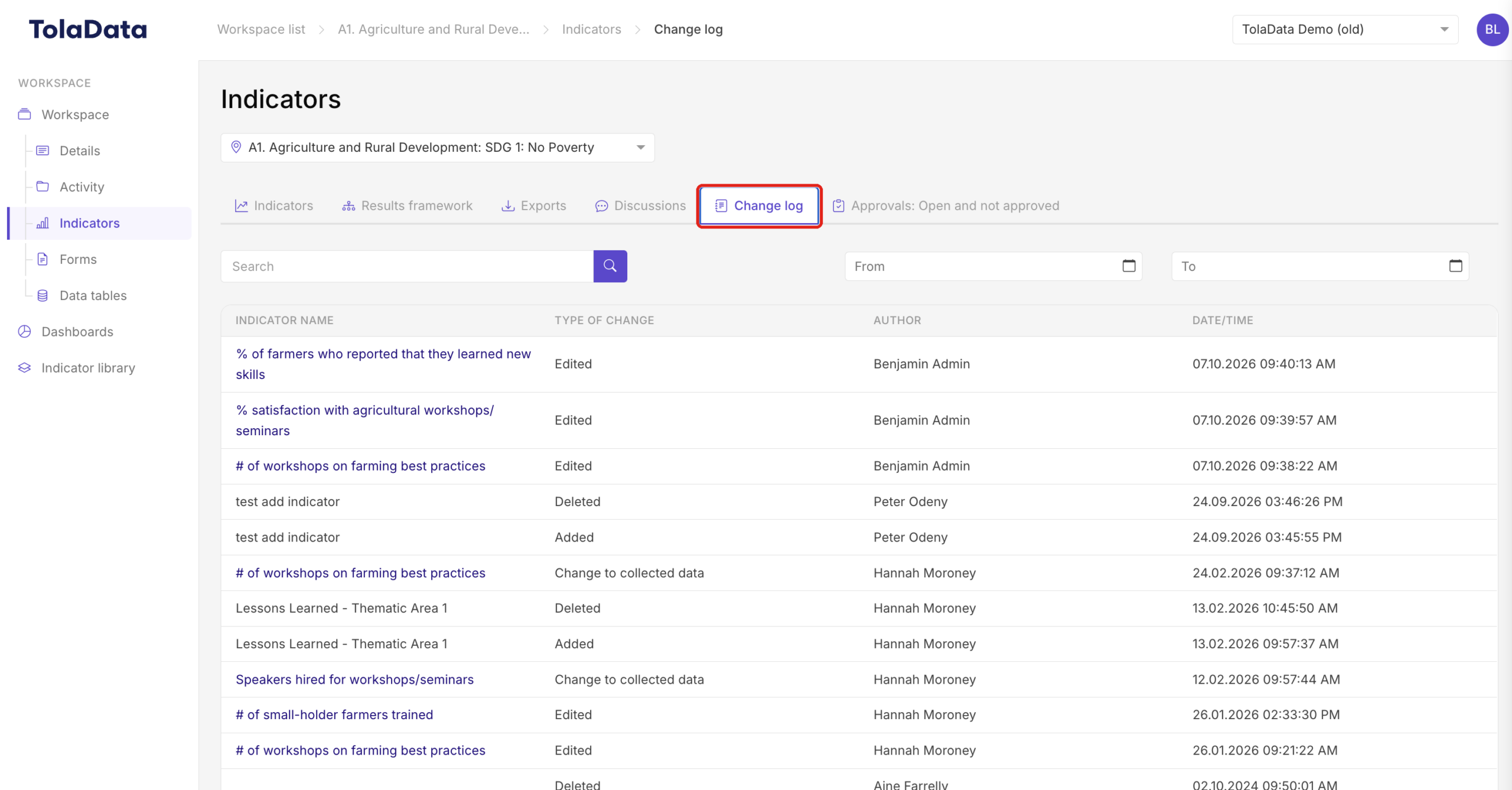 Change log tab in the indicator section