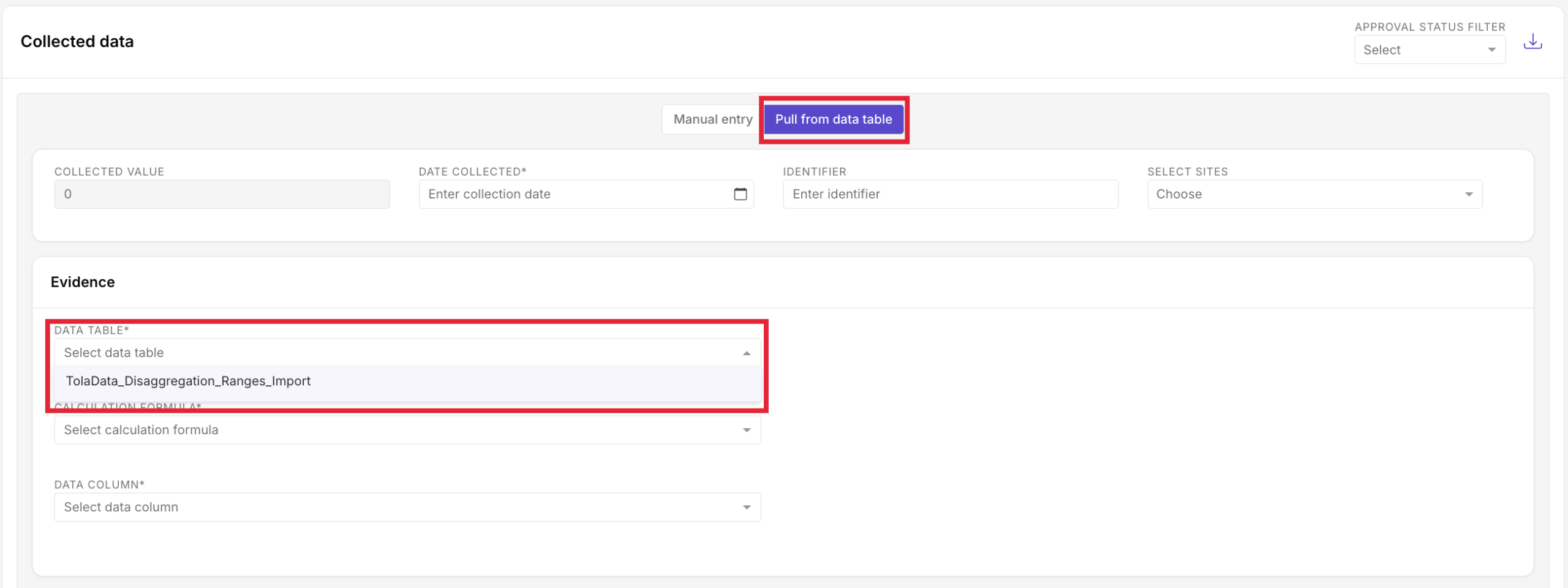 Collected data items with indicator status and Auto-pull rules tab