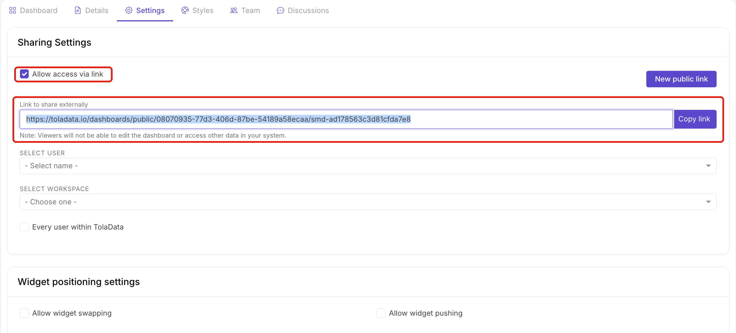 Dashboard sharing settings