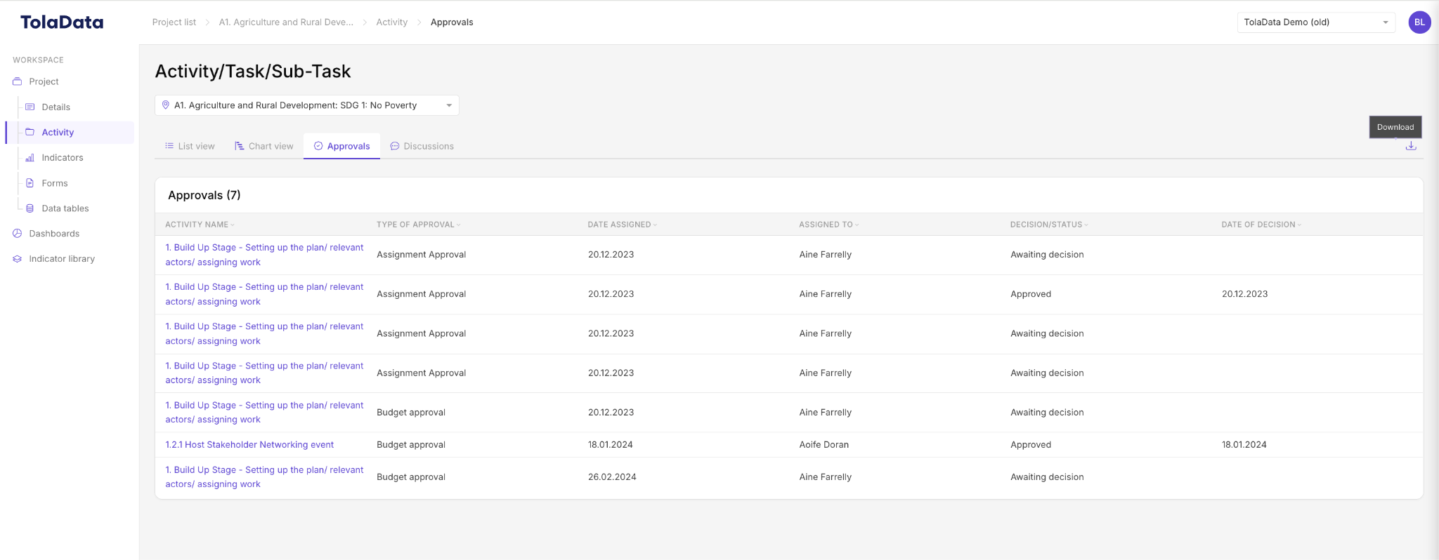 List of all approvals with download option