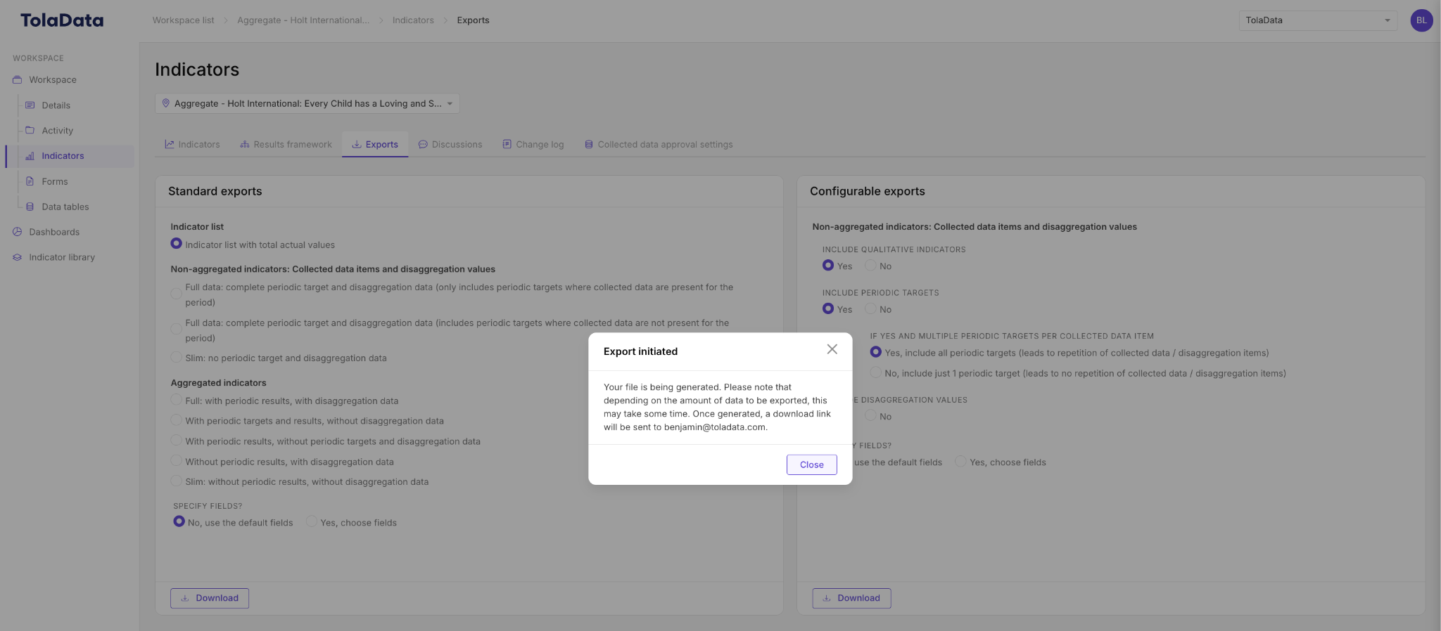 Export initiated message
