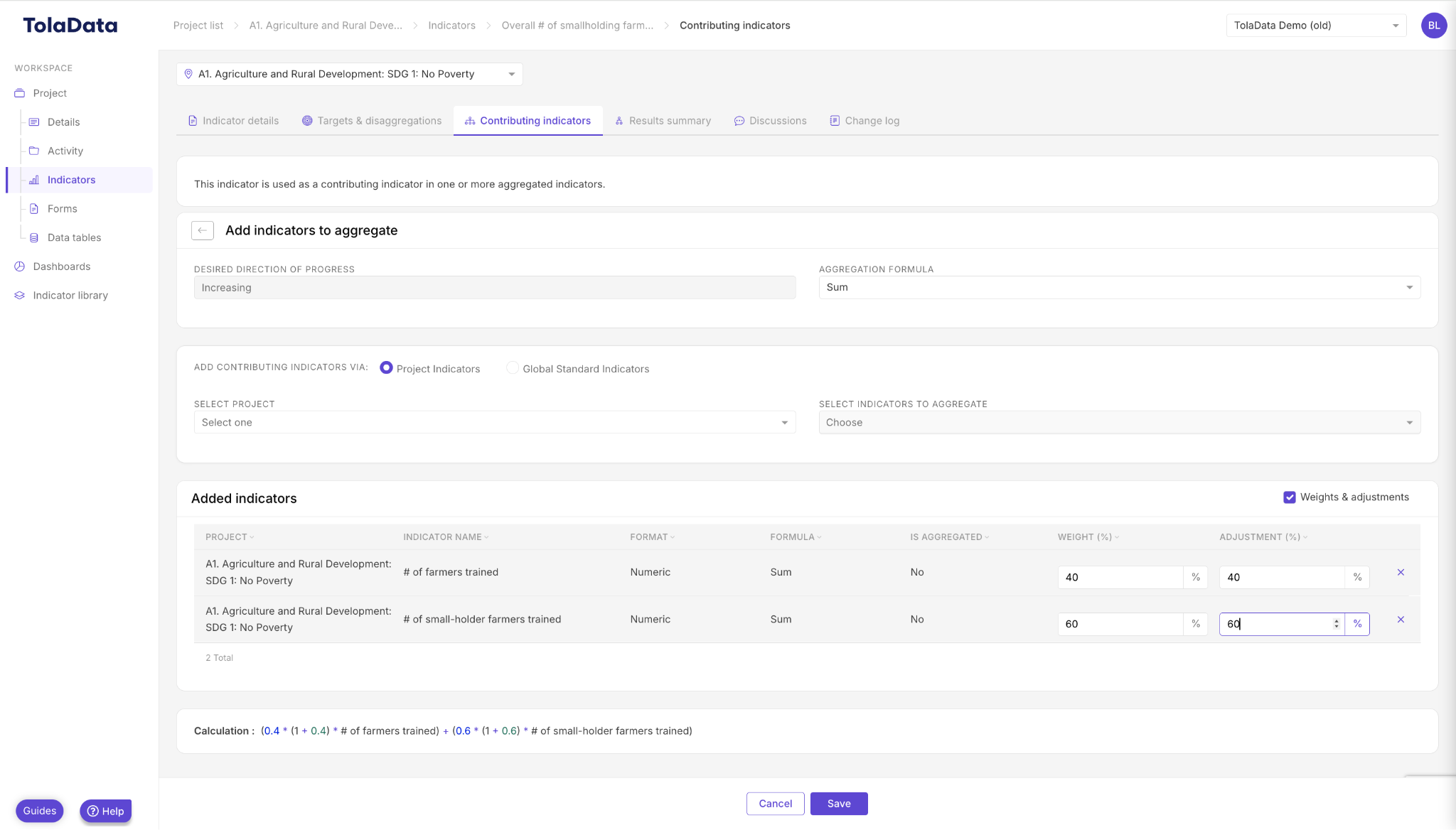 Adding contributing indicators