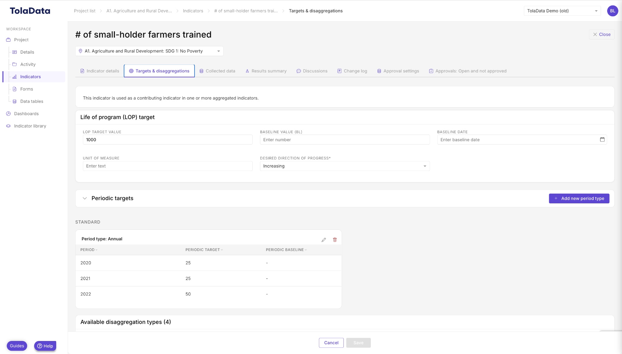 Linking disaggregation types to an indicator