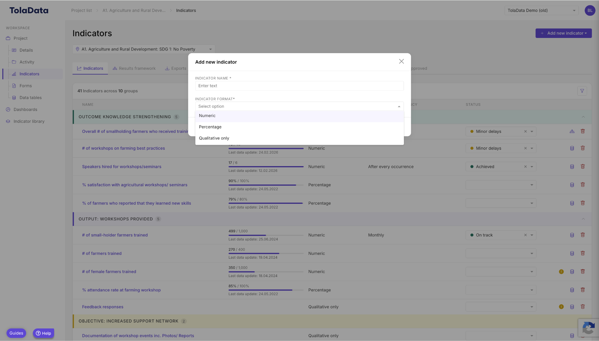 Add new indicator modal