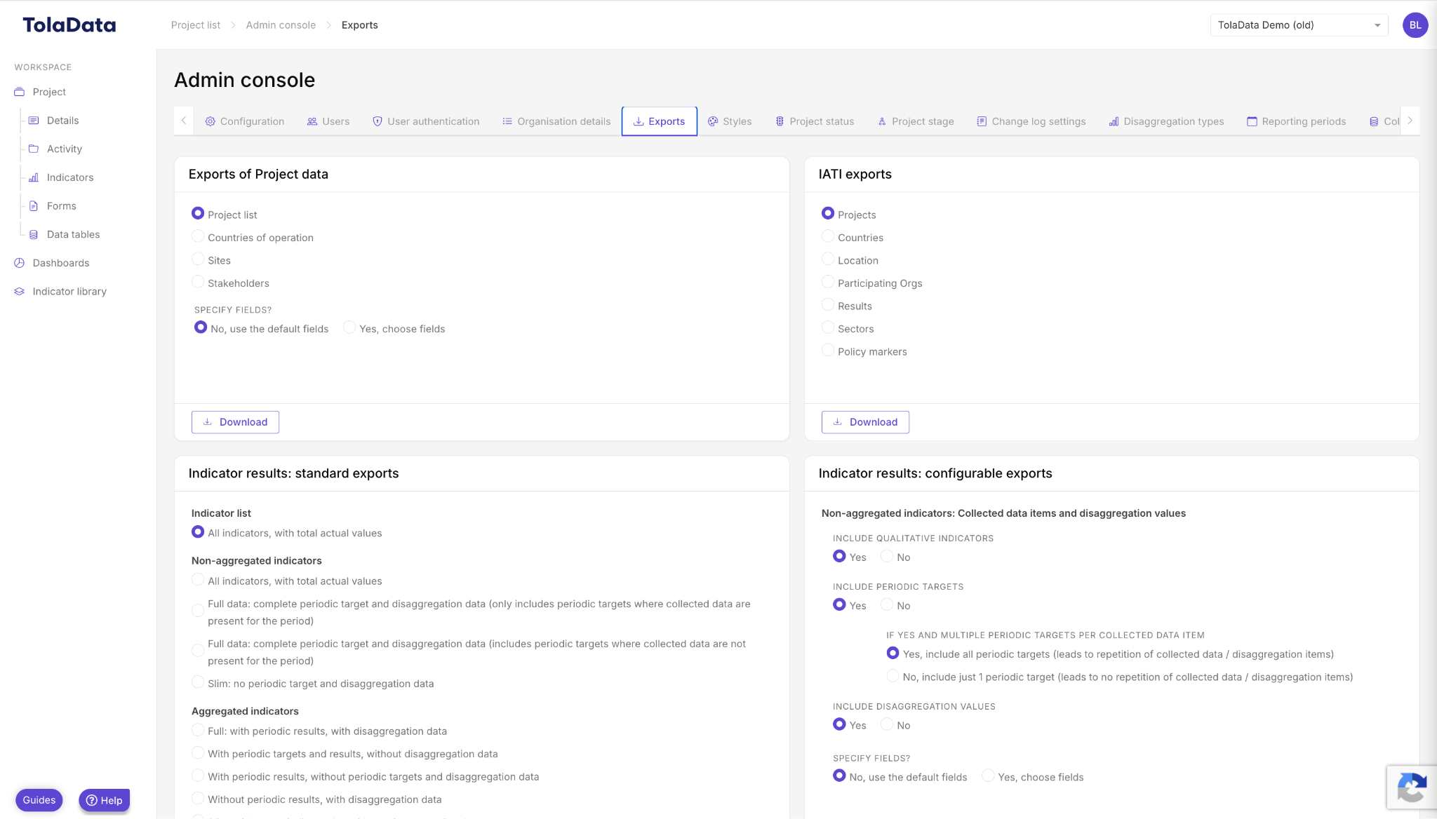 Exports tab in the Admin Console